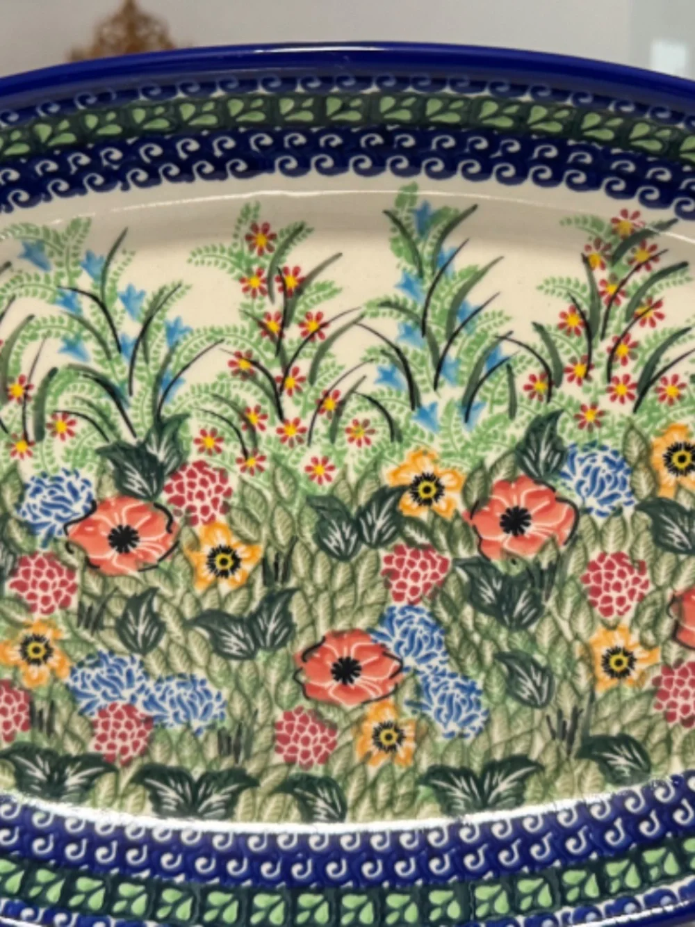 Rare Large Polish Pottery Floral Garden Platter